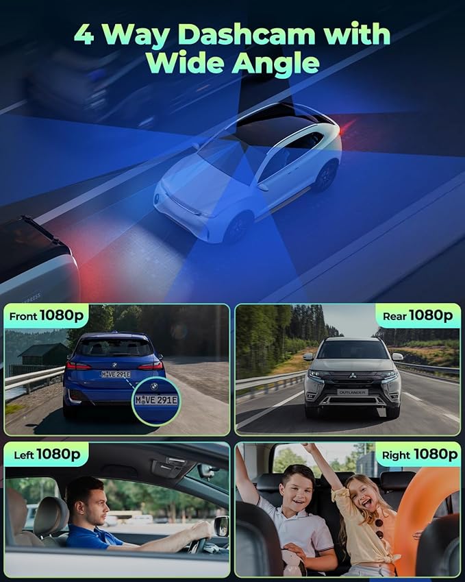 LAMTTO Dash Cam Front and Rear Inside with Hardwire Kit for 24h Security Parking Monitor, 360 Degree View 4 Channel 1080P Dash Camera for Cars Left Right, IR Night Vision Dashcam, Free 128GB Card