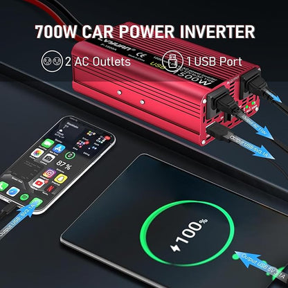 Power Inverter 700W/1500W (Peak) Dual AC Outlets and USB Charging Port DC 12V to 110V AC Car Converter Inverter for Home Car RV Truck Camping
