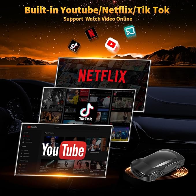 4-in-1 Carplay Ai Box,Wireless CarPlay & Android Auto Adapter,Compatible with N-etflix/YouTube/TIK Tok/Screen Mirror Link/TF Card,Suitable for Cars Equipped with OEM Wired CarPlay,Plug & Play