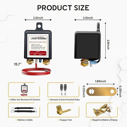 Car Remote Battery Disconnect Switch 12V, 250A Top Post Negative Battery Shut Off Switch Automotive Anti Theft Kill Switch Kit Upgrade Prevent Battery Drain for Truck, RV Auto, Boat