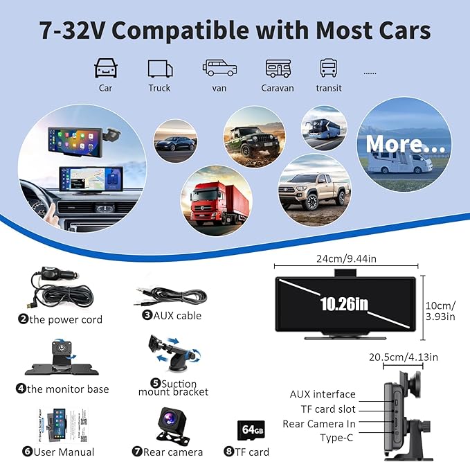 Wireless Carplay Screen, 10.26"Portable Car play & Android Auto Touch Screen, Bluetooth Double Din Car Stereo with 4K Dash Cam,1080P Backup Camera/Mirror Link/Voice Control/GPS/AUX/FM for All Vehicles