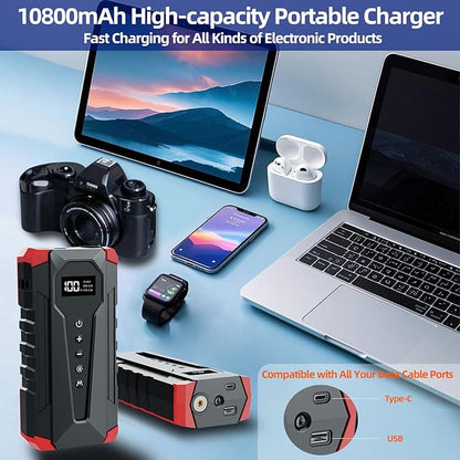 10800mAh Car Jump Starter with Air Compressor and USB/Type-C Charger, UL-Certified Portable Power Station for Cars