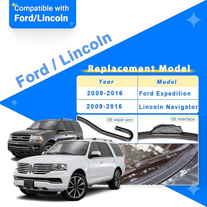 Windshield Wiper Blades Replacement for 2009-2016 Ford Expedition Lincoln Navigator Original Factory Quality Front Rear Wipers Blade Set for My Car - 22" 22" 16" (Pack of 3)