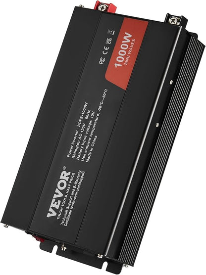 VEVOR 1000W Pure Sine Wave Inverter, DC 12V to AC 120V Power Inverter with 2 AC Outlets 1 USB Port 1 Type-C Port, Remote Control for Small Home Devices Like Smartphone Laptop, CE FCC Certified