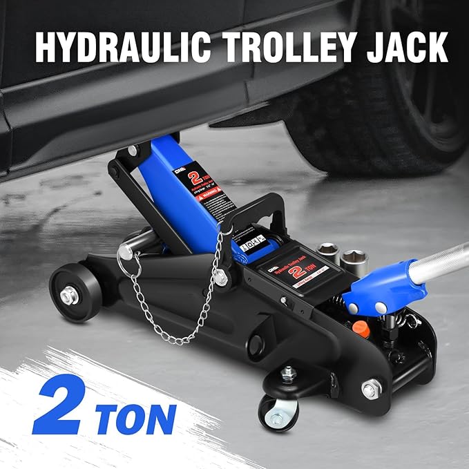 DNA MOTORING Floor Jack with Socket and Lock, Low Profile Hydraulic Trolley Jack for Cars Lift, 2 Ton (4000 lbs) Capacity, Lifting Range 5.12"-13", Blue, TOOLS-00677-BL
