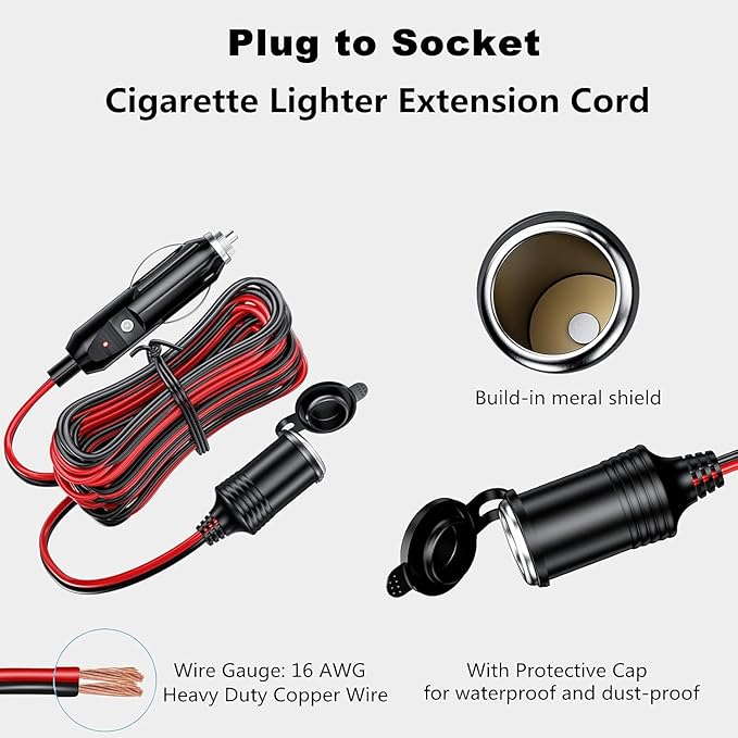 KEWIG 12/24V Car Cigarette Lighter Extension Cord - 13FT Cigarette Lighter Plug Cable- 16AWG Heavy Duty Extension Cable with 15A Fuse and LED Indicator