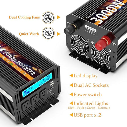 3000W Power Inverter 12V DC to AC 110V/120V (Peak) 6000W Converter 3 sockets car Inverter with Remote Control and LED Display 3.4A USB Port