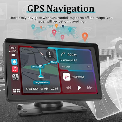 7 Inch Protable Apple Carplay Car Screen, Wireless Android Auto Dash Mount, Car GPS Navigation System with Mirror Link/Bluetooth/FM Transmitter/USB + 12LED Backup Camera