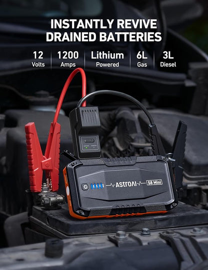 AstroAI S8 Mini Car Battery Jump Starter, 12V Portable Car Starter for Up to 6.0L Gas/3.0L Diesel Engine, Auto Battery Booster Pack, Lithium Jump Box with Jumper Cables & LED Light (Orange)