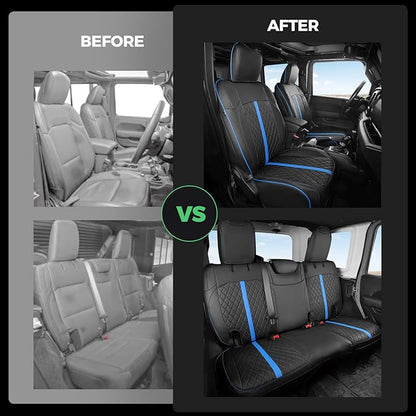 for Jeep Wrangler Seat Covers 4Door JL 2018 2019 2020 2021 2022 2023 2024 2025, Custom Car Seat Cover Full Set, Luxury Waterproof Leather Seat Protectors, Black Blue Trim, W/O Rear Cup Holder