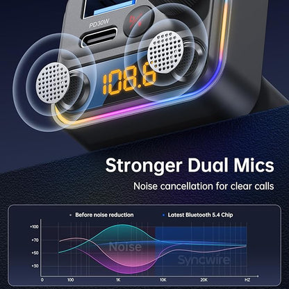 Syncwire Bluetooth 5.4 FM Transmitter Car Adapter 42W [Light Switch] [Stronger Dual-mic] [HiFi Bass Sound] [Fast Charging] Wireless FM Radio Stereo Music Adapter Hands-Free Calling Support USB Drive