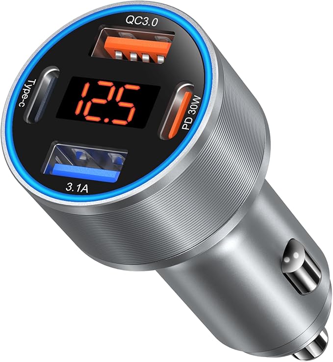 Car Charger USB C, 65W Dual 12V Cigarette Lighter USB Car Adapter with Voltage Display Multi Port PD/QC 3.0 Super Fast Charging Car Phone Charger for iPhone 16 15 14 13 12 Pro,Tablet,Android(Gray)
