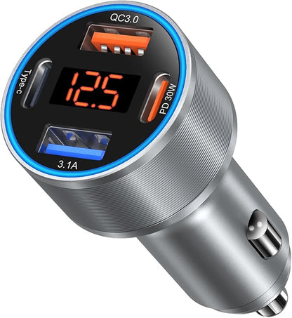 Car Charger USB C, 65W Dual 12V Cigarette Lighter USB Car Adapter with Voltage Display Multi Port PD/QC 3.0 Super Fast Charging Car Phone Charger for iPhone 16 15 14 13 12 Pro,Tablet,Android(Gray)