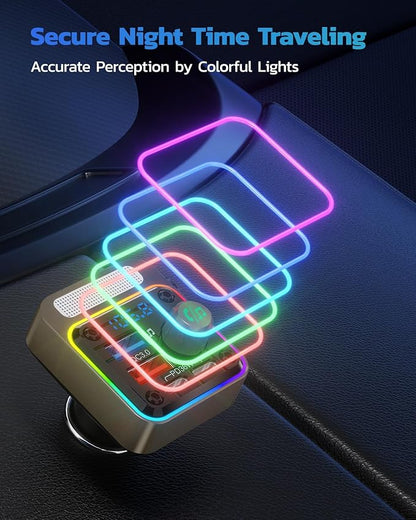 Nulaxy 54W Bluetooth 5.3 Car Adapter with 4 Charging Ports [PD 36W & QC3.0 18W], Wireless Radio FM Transmitter with Deep Bass Player & 5 Colors LED Backlit, Hands-Free Calling - Gold