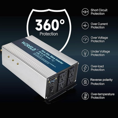 WZRELB 2000W Pure Sine Wave Inverter 24V DC to 110V 120V AC,Car Power Inverter with 4 AC Outlets, LED Display,Off-Grid Portable Power Converter for Home, RV, Truck, Camping