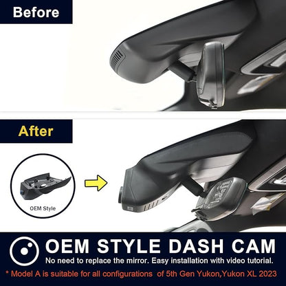 Front 4K & Rear 1080P Dash Cam Custom fit for GMC Yukon, Yukon XL 2023 2024 2025(Model A), SLE SLT AT4 Denali Denali Ultimate, Integrated OEM Look, UHD 2160P Video, G-Sensor, 128GB Card