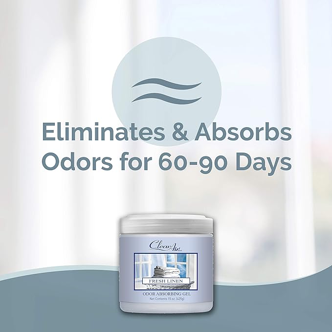 Clear Air Odor Absorber Gel - 15 oz, Pack of 2 - Air Freshener Absorbs and Eliminates Odors in Bathrooms, Cars, Boats, RVs and Pet Areas - Made with Essential Oils - Fresh Linen Scent