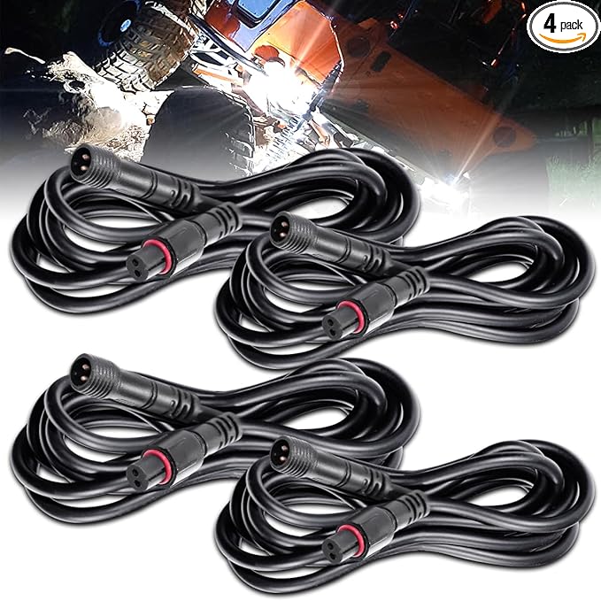 LED Rock Lights Extension Cable Wire Cord 2Pin Waterproof 4PCS 5ft 22AWG with Male to Female Connectors 11mm Nut Size for Wheel Lights Spot Flood Light Driving Fog Light for Truck
