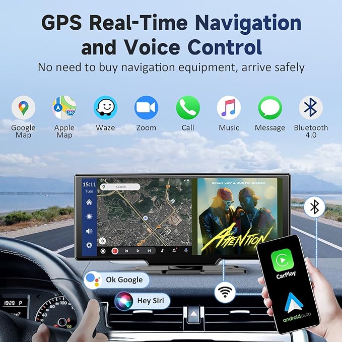 Wireless Portable Carplay Screen for Car - 10.26Inch Carplay & Android Auto Car Touch Stereo, with 4K Dash Cam, Backup Camera,Bluetooth,GPS Navigation