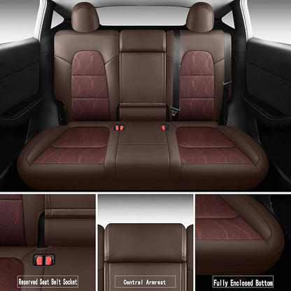 Tesla Model Y Seat Cover Full Set, Faux Leather Tesla Car Seat Cover, Perfect Suitable for Tesla Model Y 2020 2021 2022 2023 2024 2025 (Brown)