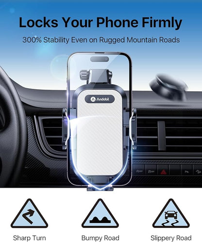 andobil Car Phone Holder Mount (Bumpy Roads Friendly) Military-Grade Phone Holders for Your Car Dashboard Windshield Air Vent Cell Phone Car Mount for iPhone 16 Pro Max 15 14 13, Samsung Silver