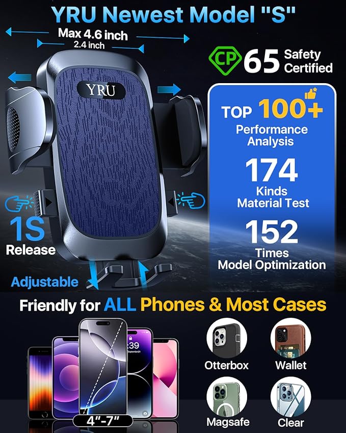 YRU [2025 Ultimate Car Phone Holder Mount [Bendable & Adjustable Aluminum Arm] Cell Phone Holder for Car Dashboard Windshield Phone Stand for iPhone16 15 14 Pro Max Samsung Pickup Truck, Dark Blue