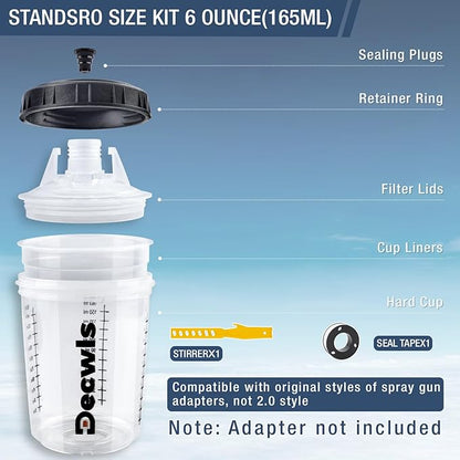 Disposable Paint Cups 6 Ounce(165ml), Mini Paint Mixing Cups with Lid and 30 Pack Paint Cup for Automotive Spray Gun, 125-Micron Filter, 2 Hard Cup with Retainer Ring, 20 Plugs, 1 Stirrer, 1 Seal Tape