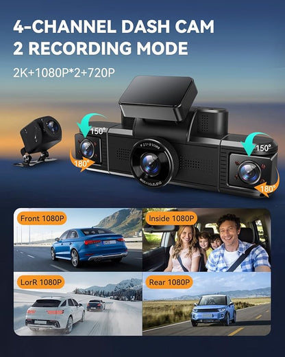 4 Channel Dash Cam 360° View, Front and Rear Inside Left Right, 2K Dash Camera for Cars, Built-in 5G WiFi & APP Control, Night Vision, G-Sensor, 24/7 Recording Parking Mode, with 64GB SD Card