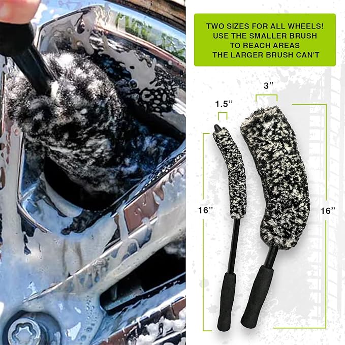 ExoForma Bendable Brush Set - Unique Adjustable 2-Piece Wheel Brush Set Cleans Behind Wheels - Tough Yet Gentle Wool Fiber + No-Scratch Rubber Tip Safe for All Wheel Types - Comfy Ergonomic Grip
