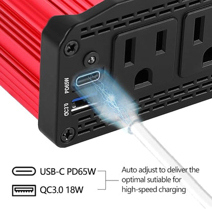 ALLWEI 300W Car Power Inverter with 65W USB-C and 3.0 USB Port - DC 12V to 110V AC Power inverters for Vehicles Converter Fast Charging Ports Car Charger Adapter (Red)