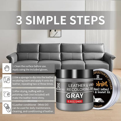 8.5oz Leather Recoloring Balm with 100ml Mink Oil,Gray Leather Repair kit for Furniture and Car Interior,Leather Couch Scratch Repair,Leather Dye Paint,Mink Oil for Leather