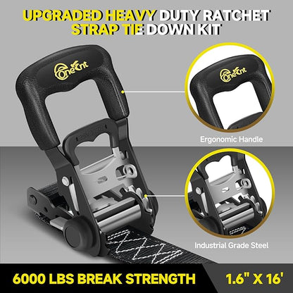 4Pcs 1.6”x16ft Heavy Duty Ratchet Straps with Padded Handles+Coated S Hooks+Soft Loop Tie-Downs-6000 Pound Break Strength for Ratchet Strap Tie Down Kit