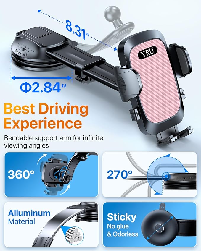YRU [2025 Ultimate Car Phone Holder [Bendable & Adjustable Aluminum Arm] Cell Phone Automobile Cradles Dashboard Windshield Pickup Truck Phone Mount for iPhone 16 15 14 13 Pro Max Samsung, Pink