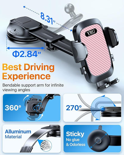 YRU [2025 Ultimate Car Phone Holder [Bendable & Adjustable Aluminum Arm] Cell Phone Automobile Cradles Dashboard Windshield Pickup Truck Phone Mount for iPhone 16 15 14 13 Pro Max Samsung, Pink