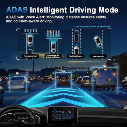 Dash Cam, 4K Dash Cam Front and Rear with ADAS, 170°/150° Wide View, Starlight Night Vision, GPS, WDR, G-Sensor, App Support, 24H Parking Mode, 64GB Card Included