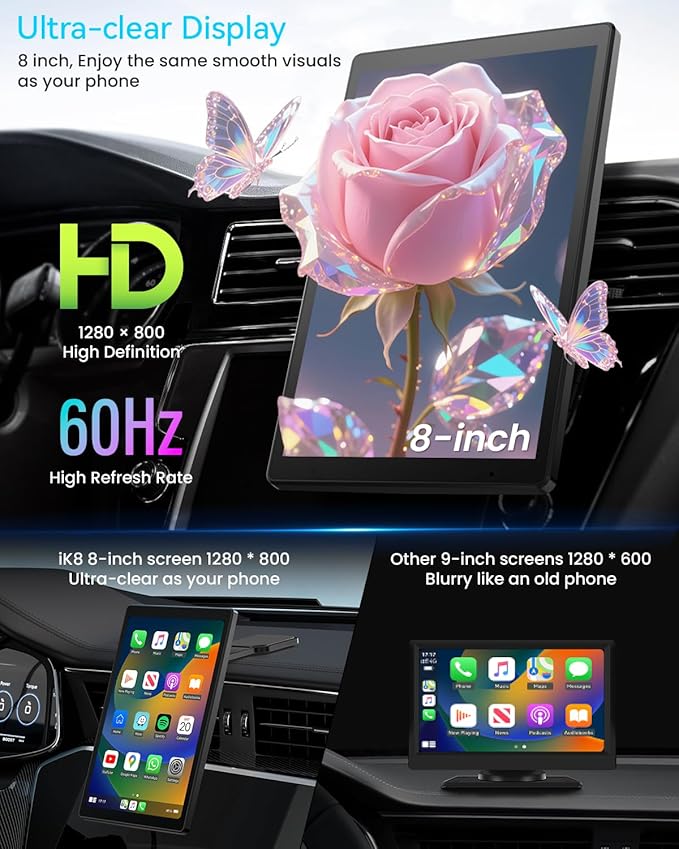 8” Wireless Apple CarPlay Screen for Car with Android Auto & 1080P Backup Camera, Rotatable Touchscreen Car Stereo, Vertical & Horizontal Mode, Bluetooth, GPS Navigation, Mirror Link