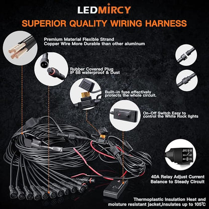 R3 White LED Rock Lights Kit 12PCS with Switch Wire Harness for ATV UTV SUV Off Road RZR Trucks Underglow Pure White Lights Trail Rig Lights Under Body High Power Waterproof Shockproof Light