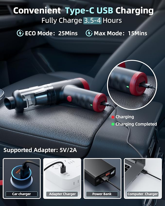 2-in-1 Car Vacuum&Air Duster,80W/16kpa/12KRPM/30 Mins,High Powerful Dust Cleaner Portable Cordless Vacuum Pro,Compressed Air Blower,Lightweight Rechargeable Handheld Mini Vacuum for Car/Home/Office
