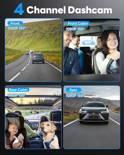 SPRLEAF 4 Channel Dash Cam with Front Cabin Rear Cabin Cameras, 360 Degree View Dash Camera for Cars, Built-in GPS, 5GHz WiFi, IR Night Vision, 24H Parking Monitor, G-Sensor, Free 128GB Card, 1080P*4