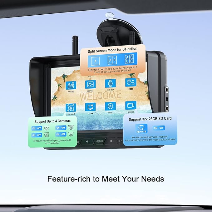 Fookoo HD 4 Cameras Wireless RV Backup System, 7" Split-Screen Monitor, 2 Rear View + 2 Side Cameras, IR Night Vision Recording Waterproof Compatible with Furrion Pre-Wired RV Truck Trailer - DW7Y504