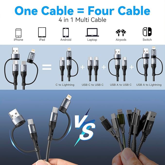 Coiled Lightning Cable [2Pack 4FT] 4 in 1 Multi Charging Cable 60W Fast Charging Retractable Charger Cord for iPhone 15/14/13/12/11 Pro Max/XS MAX/XR/XS/X/8/7/6 Plus/iPad/AirPods/MacBook/CarPlay