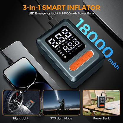Tire Inflator Portable Air Compressor, 150 PSI Cordless Mini Bike Tire Pump, Air Pump for Auto, Motorcycle, Bicycle, Balls with Pressure Gauge&LED Light, Grey, Medium