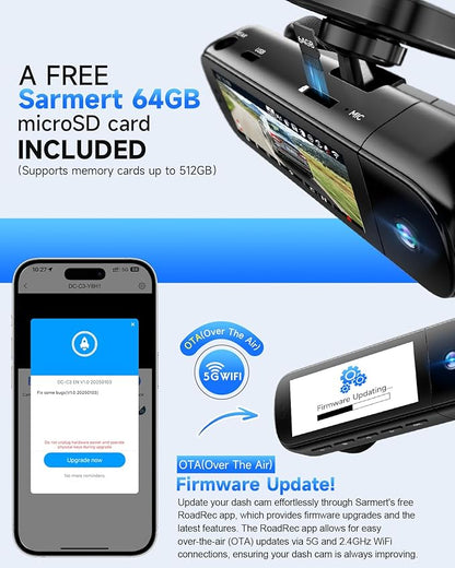 3 Channel Dash Cam, SARMERT 4K Dash Cam Front Inside and Rear with Free 64GB Card, 4K+1080P+1080P Car Camera, G-Sensor, WDR, APP, 5G WiFi, Night Vision, 24H Parking Monitor