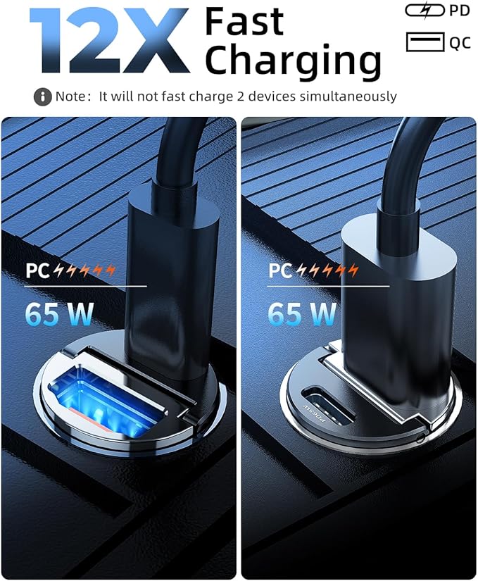 65W USB C Car Charger Fast Charging，12V USB Outlet Accesorios para Carro，Compact Cigarette Lighter Adapter，Car Phone Charger for iPhone/16/15/14/13/12 Samsung S25 S24 S23Google Android