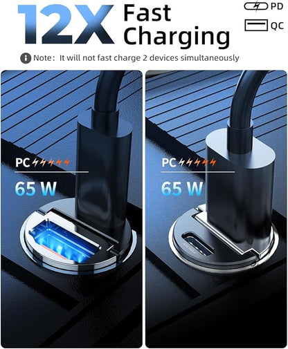 65W USB C Car Charger Fast Charging，12V USB Outlet Accesorios para Carro，Compact Cigarette Lighter Adapter，Car Phone Charger for iPhone/16/15/14/13/12 Samsung S25 S24 S23Google Android