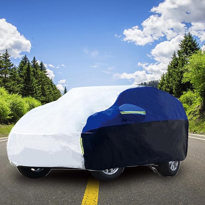 Car Cover for SUV Waterproof All Weather Snowproof UV Windproof Outdoor Full Car Jacket with Elastic Edges Adjustable Straps, Outdoor Heavy Duty Full Exterior Covers for SUV