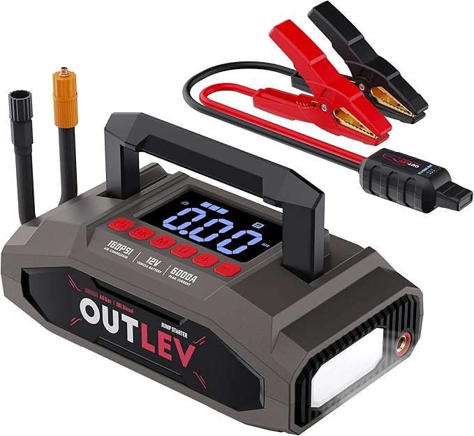 Jump Starter with Air Compressor (6000A 160PSI) - All-in-One Portable Jump Starter for Cars, Trucks, RV, Boat - Fast Charging, Safety Protection, Essential for Road Trips & Emergencies