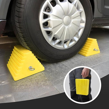 Premium 4 pcs Heavy Duty Wheel Tire Chocks, Vehicle Chocks with Eyebolt for Travel Trailers, Camper, Truck, Car and ATV 4 Pack, Yellow