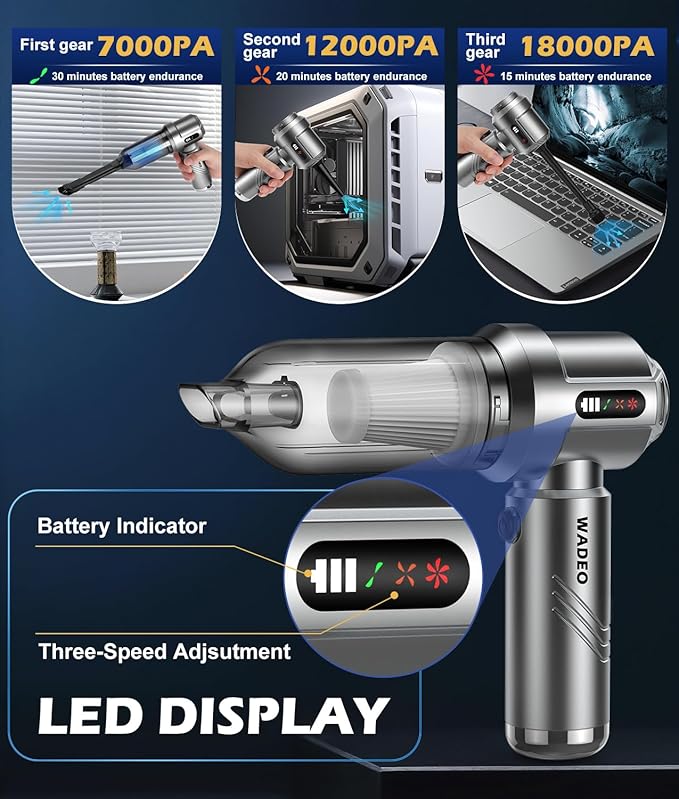 WADEO Car Vacuum Portable Cordless 18000PA, 4-in-1 Handheld Vacuum Cleaner and Air Duster with LED Display & Multi-Nozzles, Mini Hand Held Vacuum Rechargeable for Home, Car, Office, Pet Hair