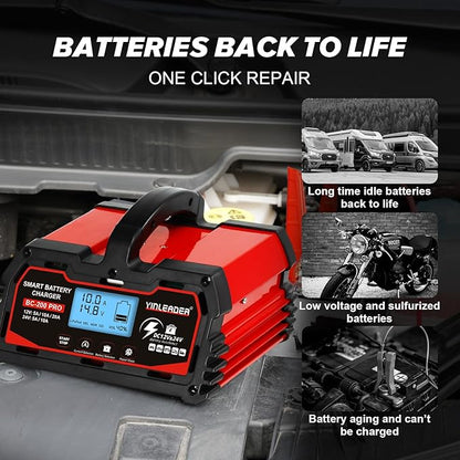 Battery Charger 20A, 12V/24V Lead Acid Smart Battery Charger, 12V LiFePO4 Car Battery Trickle Charger, Automatic Battery Maintainer for Car Motorcycle Lawn Mower Marine Boat Lead Acid Batteries